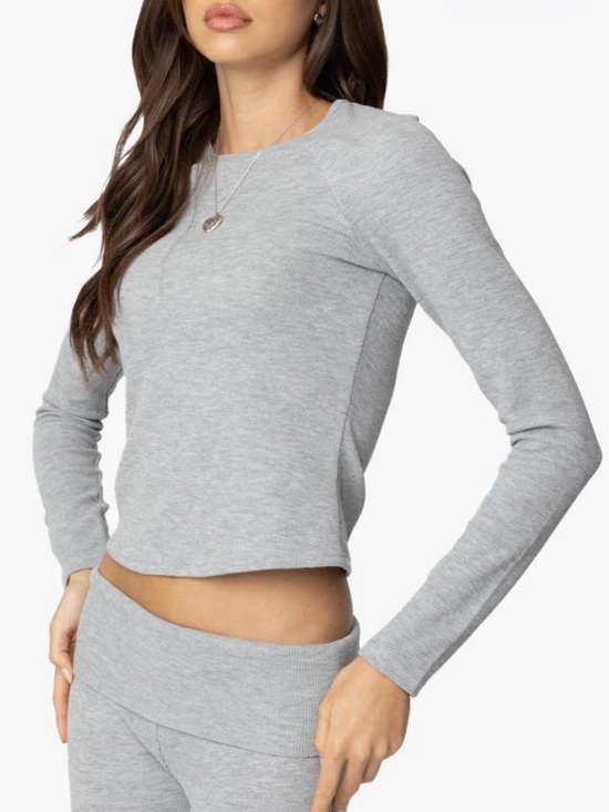 Edikted Tops - Edikted Sab Waffle Knit Long Sleeve Top - Gray Melange